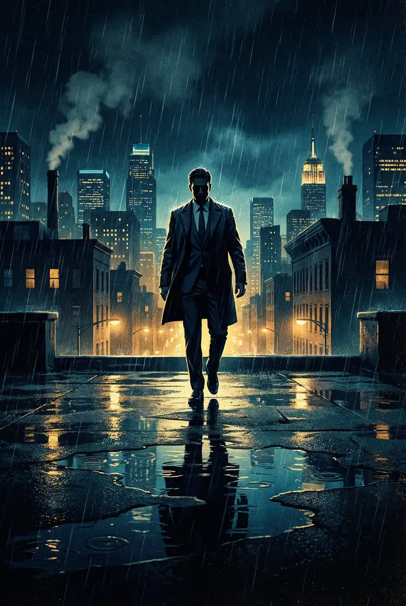 star-418 出品影片《雨夜独行者》海报，雨中城市屋顶男性剪影